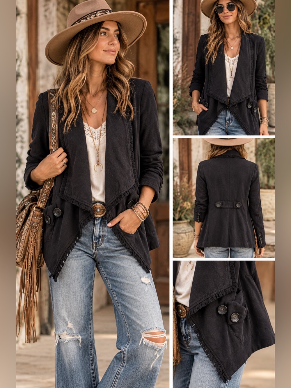 Free People Black Draped Waterfall Open Front Boho Jacket
